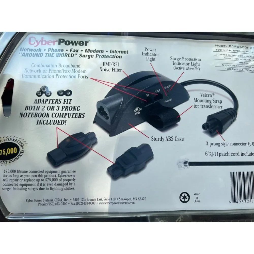 Cyber Power Notebook Surge Protector Fits All Notebook Computers Network Connect - Picture 4 of 6